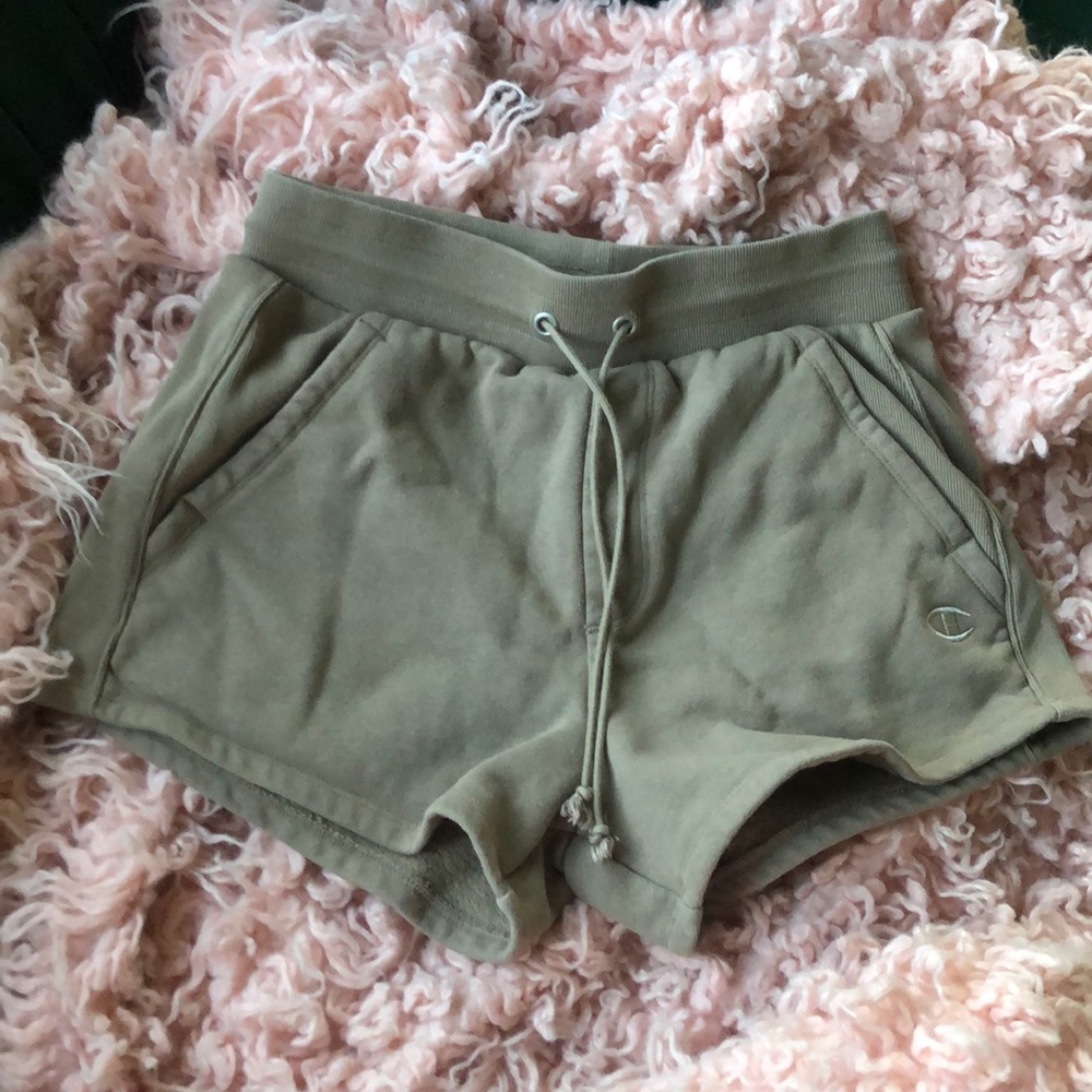 Champion reverse weave drawstring shorts. tan/olive